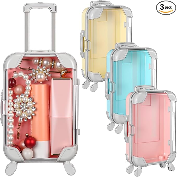 Honeydak 3 Pcs Mini Plastic Suitcase False Eyelashes Tray Luggage Trolley Candy Box Clear Suitcase Packaging Case Party Favor Box for Jewelry Cosmetic Hairpins Storage (Pastel Color,7 x 3.7 x 2 Inch)