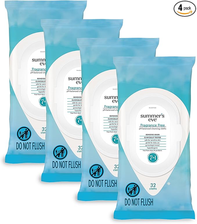 Summer's Eve Feminine Wipes, Fragrance Free, Vaginal Wipes with Gentle pH-Balanced Micellar Water Formula, Feminine Care to Help Remove Vaginal Odor, Gynecologist Tested, 32 Wipes, 4 Pack