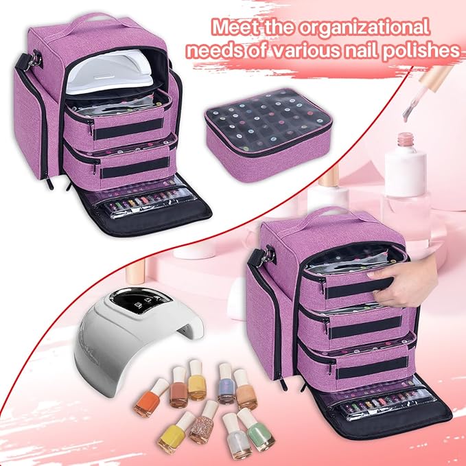 UOZL Nail Polish Organizer Case Hold 90 Bottle with 3 Detachable Bag,Purple