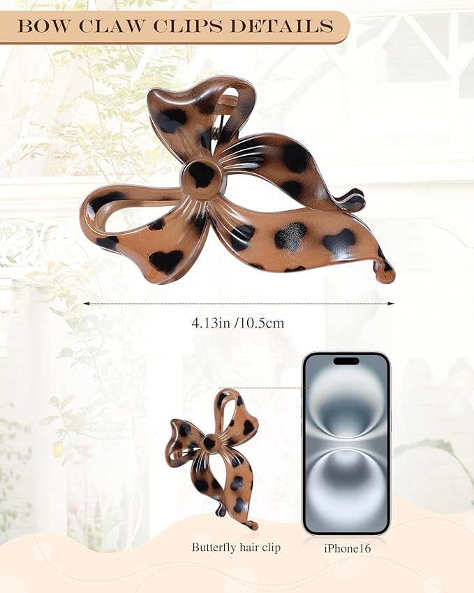 4 PCS Bow Hair Clips Bow Claw Clip for Women, Large Hair Claw Clips for Thin Thick Long Hair Cute Nonslip Bows (Black+Leopard Dark Brown+Leopard Light Brown+Gray)