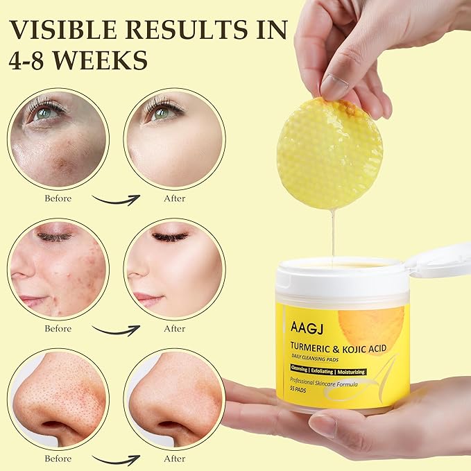 Turmeric Kojic Acid Cleansing Pads,Turmeric Exfoliating Face Scrub Pads, Remove Excess Keratin, Smooth Skin, Deep Cleansing Facial Pad for All Skin Types, 55 Pcs