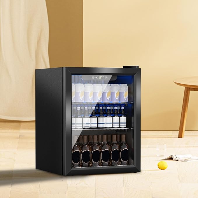 DOGHLY Beverage Refrigerator Cooler, 72 Can Mini Fridge Glass Door for Drinks Soda, Beer, or Wine - Small Refrigerator for Office Bedroom Home Bar, Adjustable Shelves, 1.7 Cu.Ft, Black
