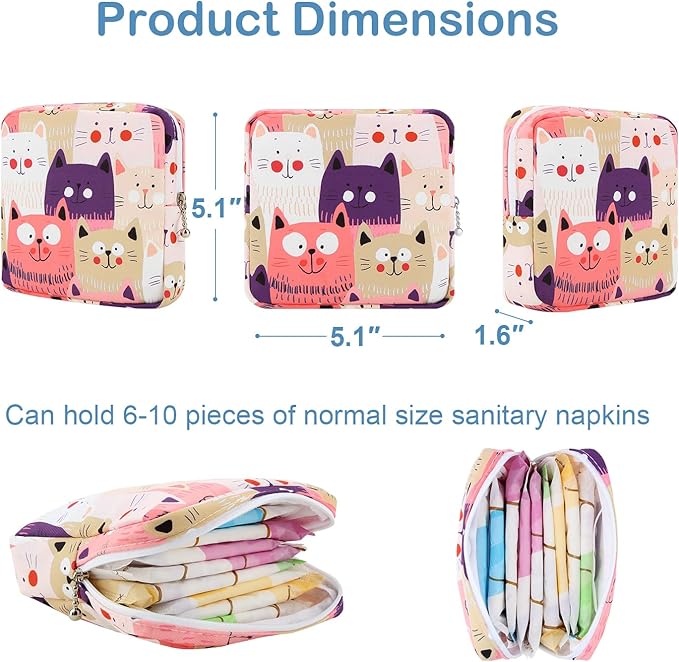 Desing Wish Sanitary Pad Storage Bag Portable Period Bag for Teen Pads/Sanitary Napkins/Small Tampons, Sanitary Napkin Storage Bag First Period Gifts for Teen Girls (Cat)
