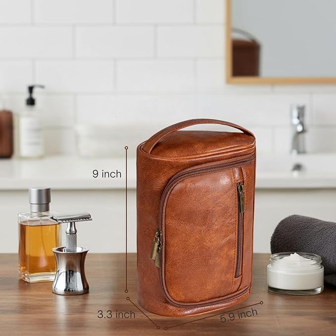 Mens Toiletry Bag, Compact Dopp Kit for Men Travel, PU Leather Shaving Kit, Water-Resistant Minimalist Organizer with Wrist Strap, Fits Grooming Essentials,Small 9X5.9X3 Inch Brown
