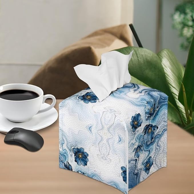Blue Marble Flower Tissue Box Holder Waterproof PU Leather Square Modern Tissue Box Cover with Metal Button Napkin Holder for Home Office Car