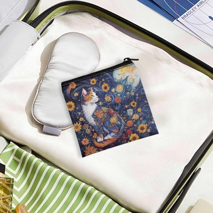 Cat Floral Print Sanitary Napkin Storage Bags Waterproof Period Bags Convenient Storage Organizer for Women