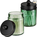 Amolliar Sage Green Glass Apothecary Jar, Qtip Holder Metal Lid & Stickers, Bathroom Qtip Dispenser Storage Canister, Perfect for Cotton Balls, Cotton Swabs, Round Pads, Bath Salt, Floss, Black 2 Pack