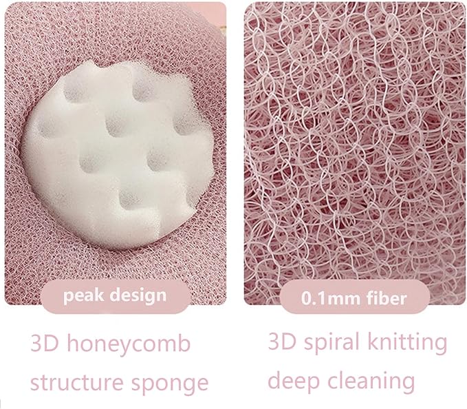 2Pcs Bath Sponge Shower Loofah, Exfoliating Body Scrubber, Upgrade Large 2-in-1 Sunflower Bath Ball with Suction Cup Non-Slip Handle, Bath Sponges for Men Women(Pink&Beige)