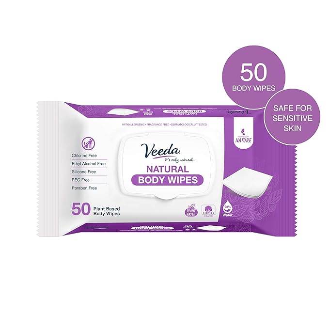 Veeda Extra Large Body Wipes for Adults (8.66” x 9.44”) – 50 Count, Thick & Durable, Plant-Based Shower Wipes for Gym, Camping & Travel, Hypoallergenic, pH Balanced, Biodegradable