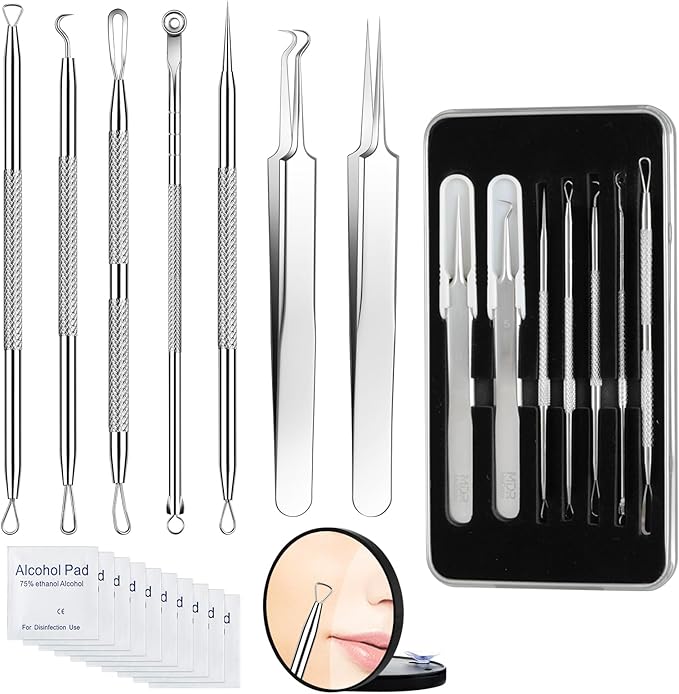 Meidaier 7Pcs Blackhead Remover Kit, Stainless Steel Acne Comedone Extractor with 10X Magnifying Glass & 20 75% Alcohol Pads, Pimple Whitehead Blemish Removal, Anti-Slip Handle & Storage Box