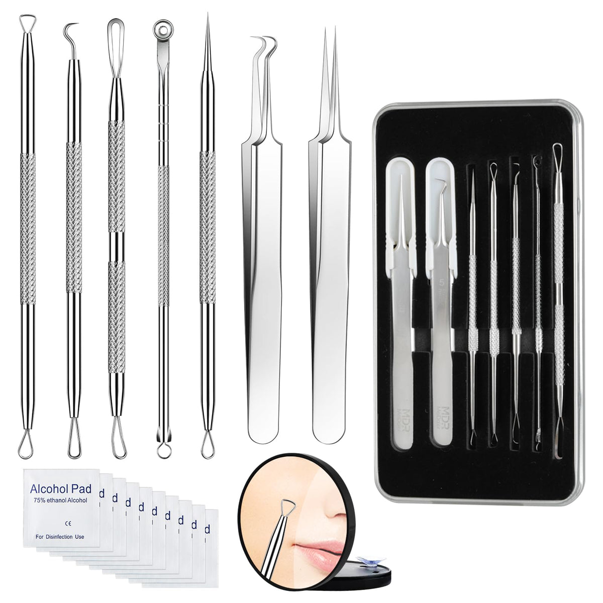 Meidaier 7Pcs Blackhead Remover Kit, Stainless Steel Acne Comedone Extractor with 10X Magnifying Glass & 20 75% Alcohol Pads, Pimple Whitehead Blemish Removal, Anti-Slip Handle & Storage Box