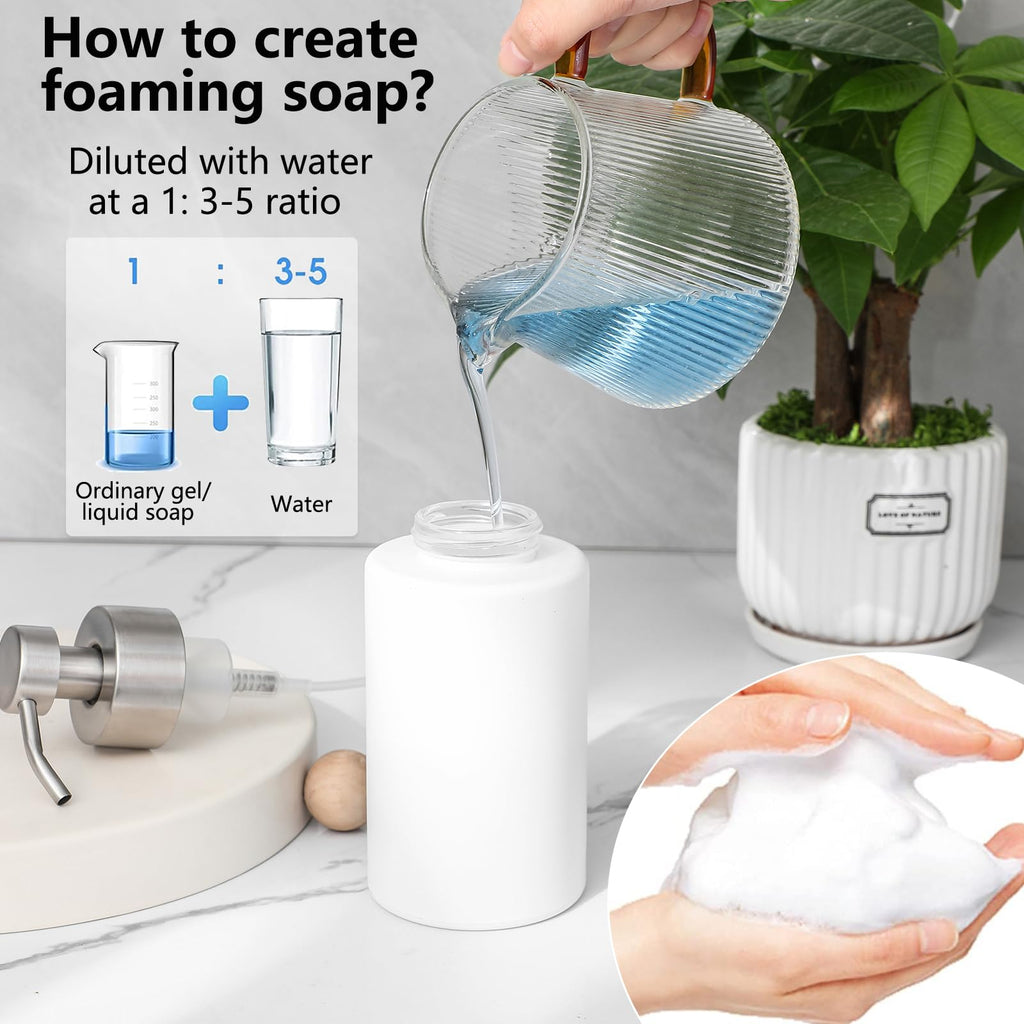 Foaming Soap Dispenser Set, 12 Oz Glass Hand Soap Dispenser with 304 Rust Proof Stainless Steel Pump, Waterproof Labels, for Bathroom Decor Kitchen College Dorm, White Silver Pump 2 Pack