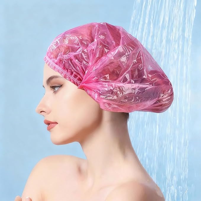 200 PCS Disposable Shower Caps Thickened Waterproof Hair Bath Caps for Women Men Girls Travel Spa Hotel Home Use Salon - Multi-Purpose Elastic Plastic Shower Caps, Essentials Accessories 18.1" (Pink)