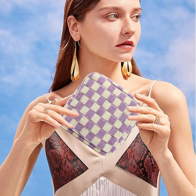 2 Pieces Makeup Bag Set, Small Checkered Cosmetic Bag Travel Toiletry Organizer Mini Purple Cosmetic Pouch Case Makeup Brushes Quilted Aesthetic Accessories Storage Bag for Women (Large+Mini Purple)