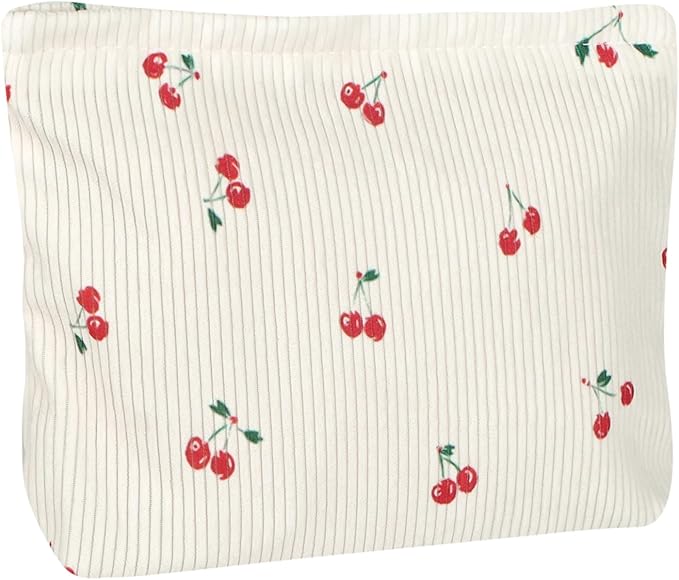 Ksriylm Cute Makeup Pouch for Women Cherries Small Make Up Bag for Purse Zipper Makeup Cosmetic Bags Pouches for Purse Aesthetic Travel Toiletrybags,Red Cherry Cute