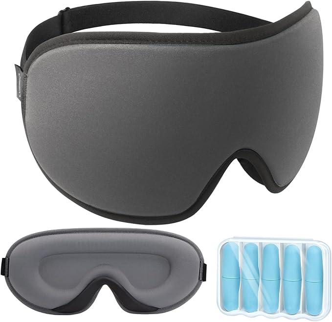 LYSIAN 3D Sleep Mask for Side Sleepers, Blackout Eye Mask with No Pressure on Eyes, Adjustable Comfortable Blindfold with 5 Pairs of Ear Plugs for Sleeping, Travel, Nap, Silver Grey