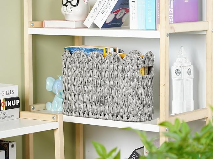 Coeusy Grey Toilet Paper Storage Basket,Scalloped Baskets for Bathroom Organizers and Storage,Waterproof Plastic Wicker Basket for Bathroom,Laundry Room