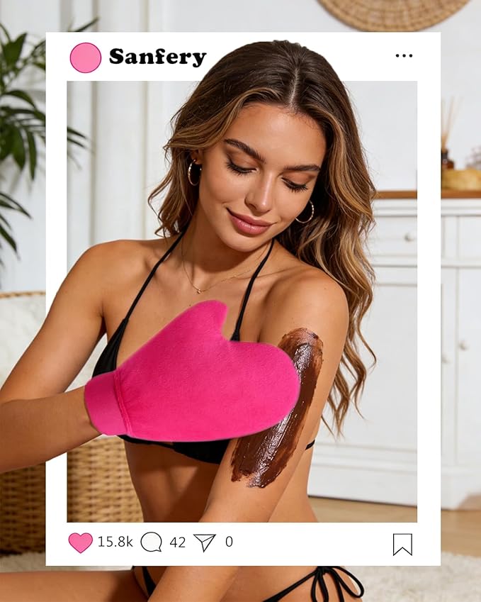 2 in 1 Professional Self Tanning Mitt Kit - Luxury Self Tanner Mitt, Self Tan Mitt And Brush Tanning Glove Kabuki Body Brush For Streak-Free Lotion, Sunless Spray Tan On Face And Body Rose Pink