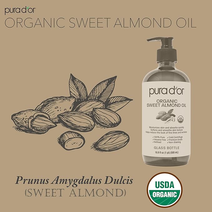 PURA D'OR ORGANIC Sweet Almond Oil (16.9 Oz GLASS BOTTLE) 100% Pure & Natural USDA Certified