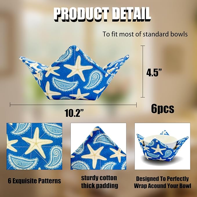 JounLoin Cotton Microwavable Bowl Cozy ，Set of 6，Microwave-Safe Hot Bowl Holders, Soup Bowl Cozy Hot Pads，Prevent Hand from Heat and Maintain Food Warm，Ideal Household Gift Store (I)