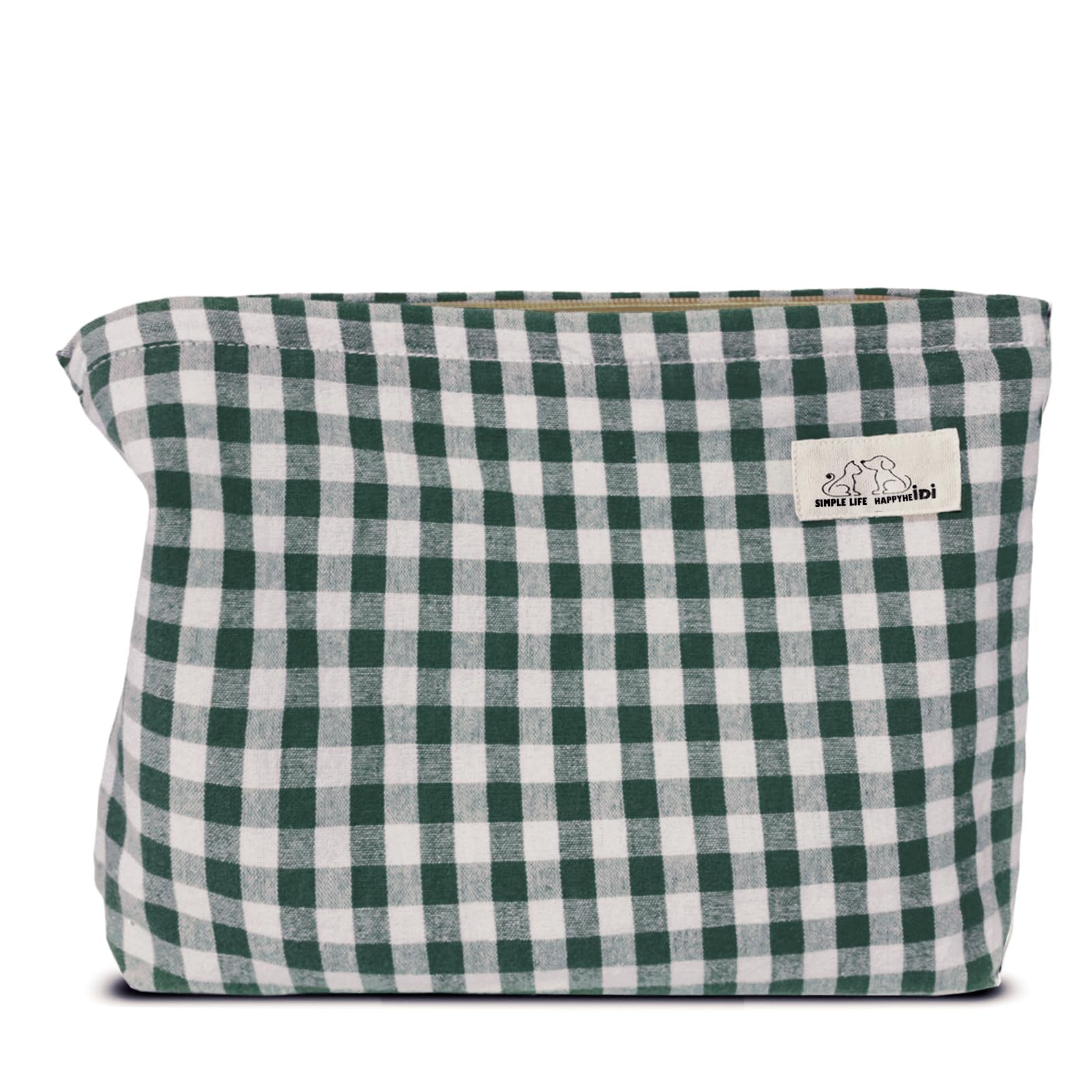 HAPPYHEIDI Large Makeup Bag Travel Cosmetic Pouch, Green Gingham