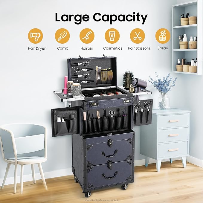 SuiYuLn Professional Rolling Makeup Case for Hairstylists - Large Retro Train Case Trolley with Combination Lock & Metal Wheels,Mobile Storage Organizer for Barber,Cosmetology Tools&Cosmetics (Blue)