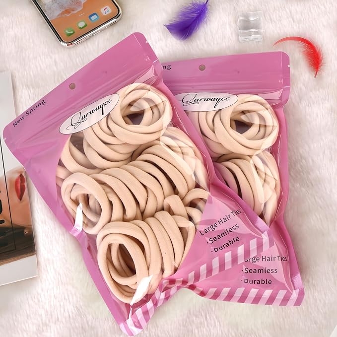 Qarwayoc 50PCS Large Blonde Hair Ties, Seamless Hair Bands, Soft Elastic Hair Ponytail Holders, No Damage, 2 Inch in Diameter