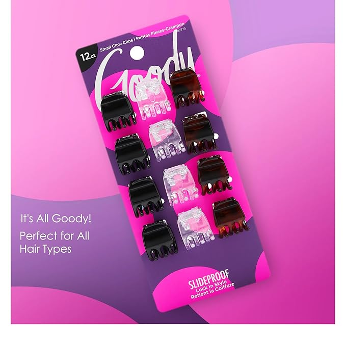 Goody Small Basic Half-Claw Hair Clips, 12-Count – 3-Prong Claw Clips for All Hair Types, Neutral Colors (Black, Tortoise, Clear), SlideProof Grip for All-Day Hold