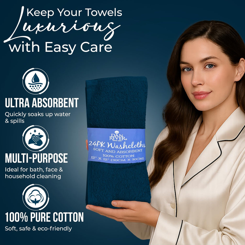 DAN RIVER 24 Pack Cotton Wash Cloths Set for Showering [12x12] Blue Opal