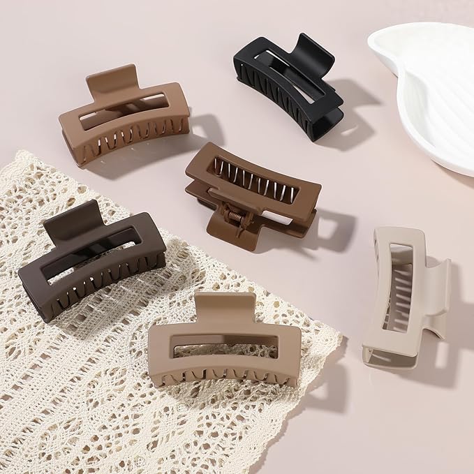 Sisiaipu 3.5 Inch Medium Hair Claw Clips 6 Pack Hair Clips for Women Square Rectangle Claw for Hair Banana Jaw Clips Hair Accessories for Girls -Coffee Brown