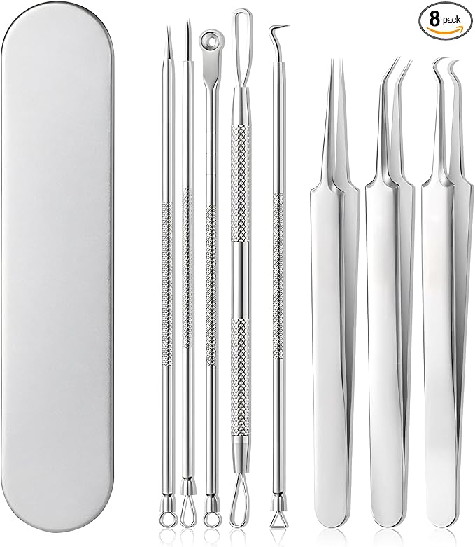 8 Pcs Blackhead Remover Tool Kit – Medical Grade Stainless Steel Acne Removal Set with Tweezers&Needles–Comedone Extractor for Whiteheads,Pimple Popping,Facial Blemish Removal–Nose & Face Care