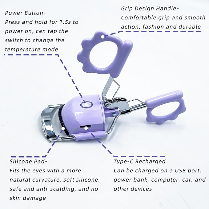 Pinkiou Heated Eyelash Curler - 10s Fast Preheating with Smart Temp Sensor, 24H Long Lasting Natural Curls, 2 Temp Modes Electric Lash Curler, USB-C Rechargeable Portable Eyelash Curler for Women