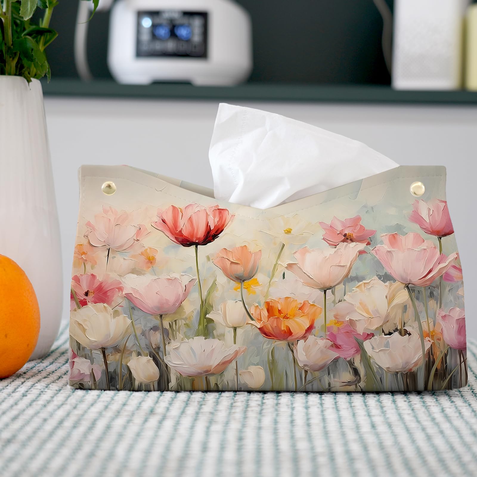 PaJiaNi Spring Floral Leather Tissue Box Cover Rectangle, Tulip Flower Toilet Paper Box Holder,Flower Decorative Facial Paper Case for Farmhouse Living Room Bathroom Kitchen Office Desk,9.8x5.9x5.9In