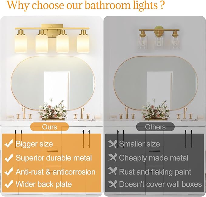 4-Light Bathroom Light Fixtures, Brushed Gold Vanity Lights with Milk Glass Shades, Modern Bathroom Wall Lamp for Mirror Living Room Bedroom Porch
