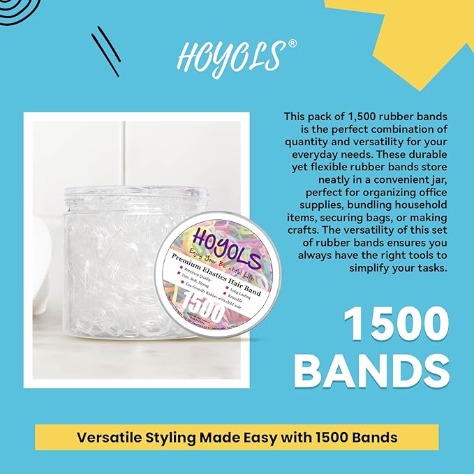 HOYOLS Clear Hair Ties, 1500pcs Mini Clear Elastic Hair Bands for Girls Women, Small Rubber Bands for Ponytails Braids Hairstyles, No Damage Hair Elastics, 1 Inch TPU