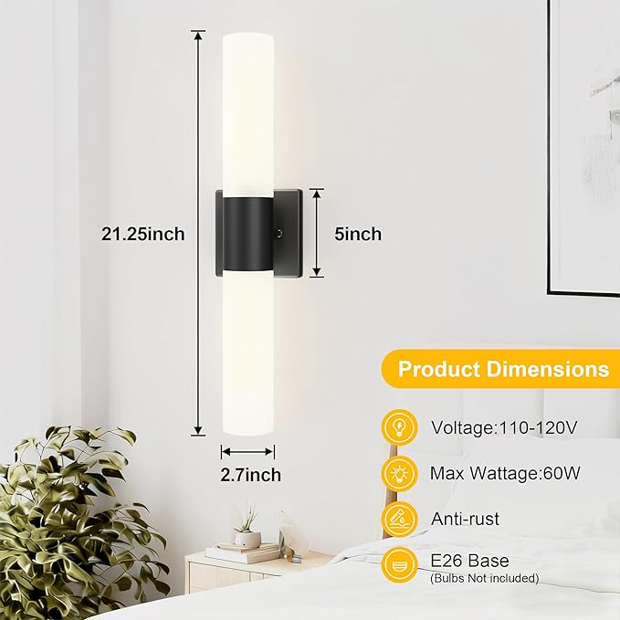 Kalium Wall Sconces Set of Two, Modern 21" Vanity, Frosted Glass, Black