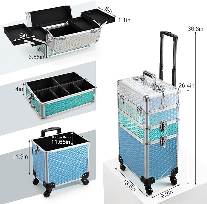 Adazzo Professional Rolling Makeup Train Case 3 in 1 Aluminum Trolley Case with 360° Rotation Wheels for Makuep Artist Cosmetic Suitcase Organizer with Lock and Key Diamond Pattern - Turquoise Cascade