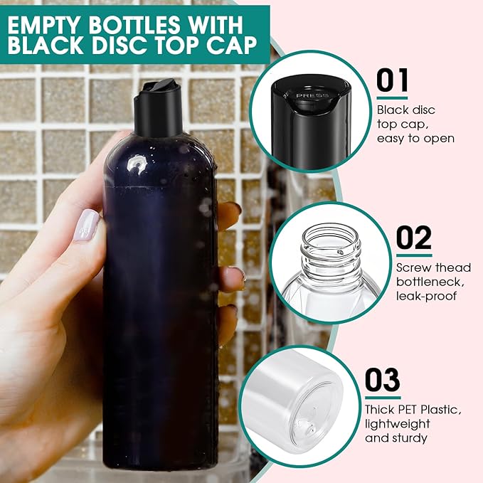 DPLASKA 16 oz Clear Plastic Empty Bottles with Black Disc Top Caps, 12 Pcs Squeezable Refillable Shampoo Bottles Travel Cosmetic Containers for Lotions, Body Soap Cream