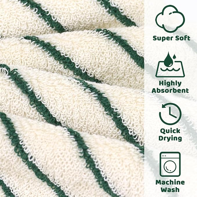 Jacquotha Striped Cotton Washcloths 4 Pack, 13” x 13” - Soft Wash Cloths for Bathroom, Kitchen, Gym, Face, Green and Cream