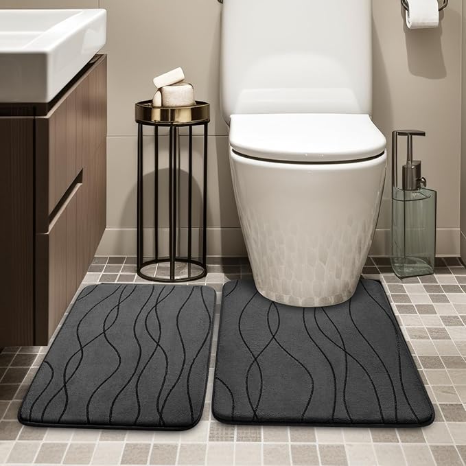 YIHOUSE Bathroom Rugs Set 2 Piece, Memory Foam Bath Mat Dark Grey