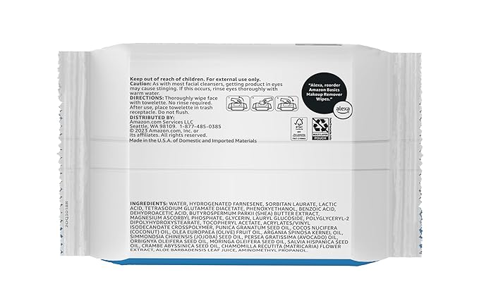 Amazon Basics Makeup Remover Wipes, Formulated without Fragrance and Alcohol-Free, Gentle Cleansing, Removes Waterproof Mascara, Dermatologist Tested, 25 Count, Pack of 6