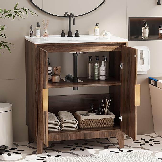 VINGLI 30 Inch Bathroom Vanity with Sink, Mid-Century Modern Vanity with Ceramic Basin and Fluted Soft-Close Doors, U-Shape Storage Shelf,Free Standing Small Bathroom Sink Cabinet Combo Set,Walnut