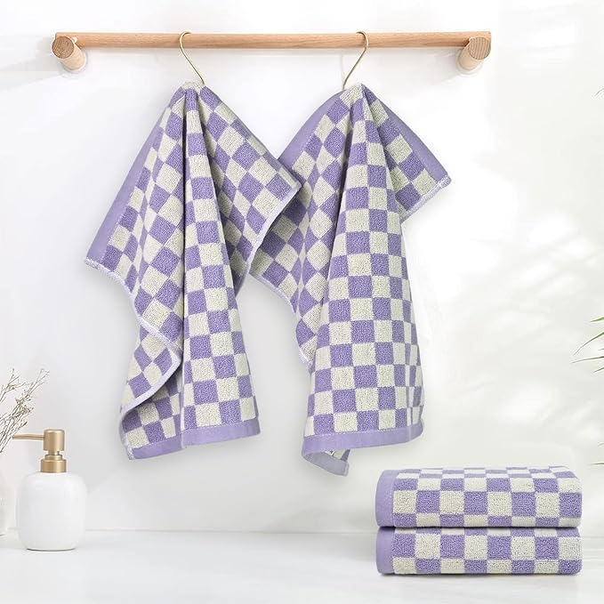 Wash Cloths Checkered 4 Pack (Lilac) - Cotton Washcloths for Face Body