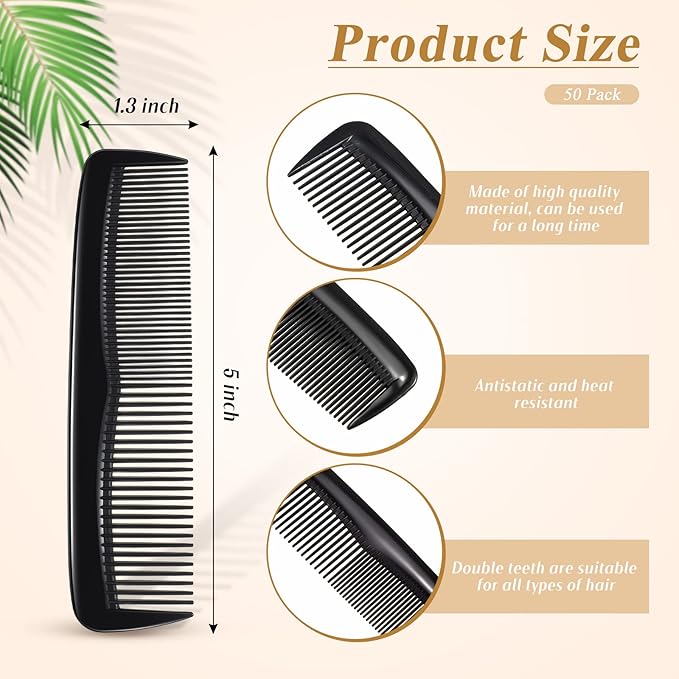 Didaey 50 Pcs Pocket Combs for Men 5 Inch Cutting with Wide and Fine Teeth Plastic Professional Barber Haircut Small Anti Static Combs for Women Grooming Accessories for Beard(Black)