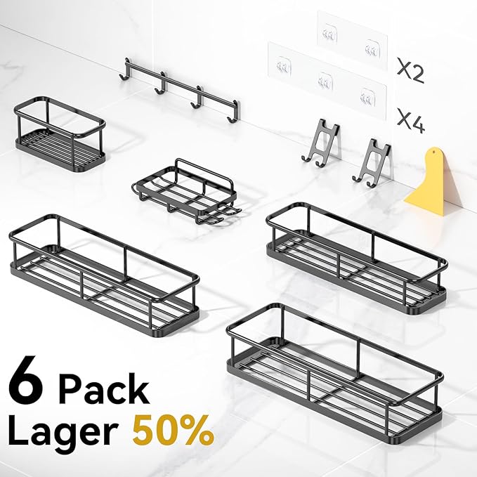 YASONIC Shower Caddy Adhesive, 100% Rustproof Shower Organizer with Soap Holder, 6 Pack Large Capacity shower Shelves for Inside Shower, No Drilling Bathroom Organizers and Storage for Home Decor