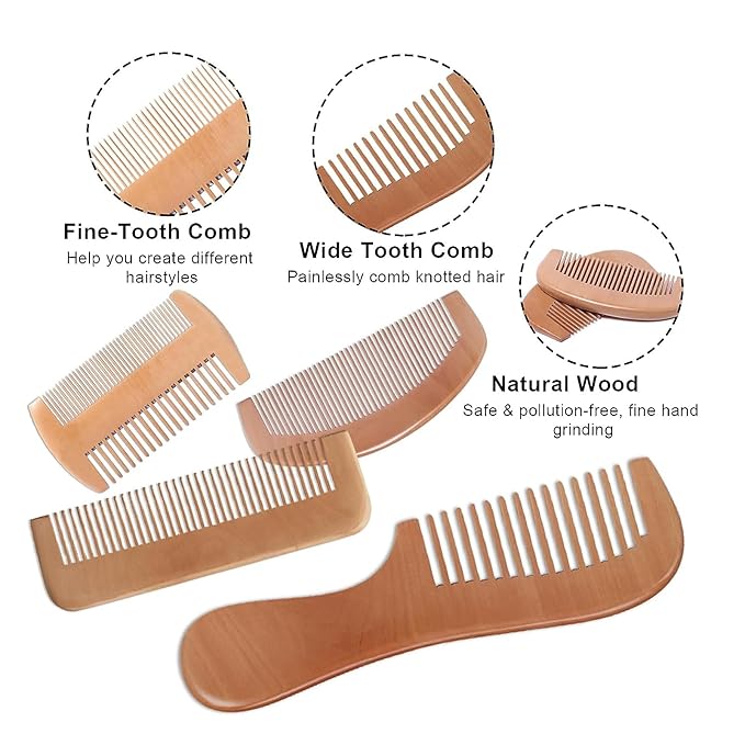 4 Pcs Natural Bamboo Comb Set for Women & Men - Wide Tooth Detangling, Beard & Labor Combs for Curly, Thick, Wavy Hair with Gift Bag