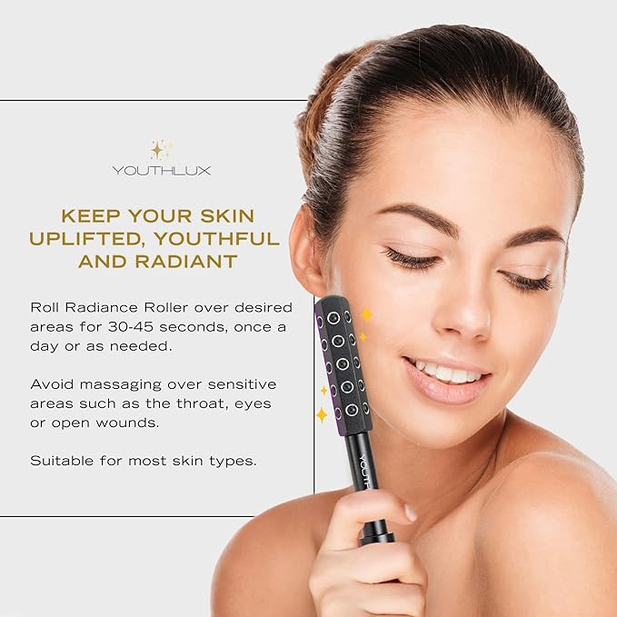 YOUTHLUX Radiance Roller – Germanium Stone Facial Massage Tool/Wand Face Roller for Lifting, Sculpting, De-Puffing, Glow Boost, Energizing & Cooling Effect (Black)