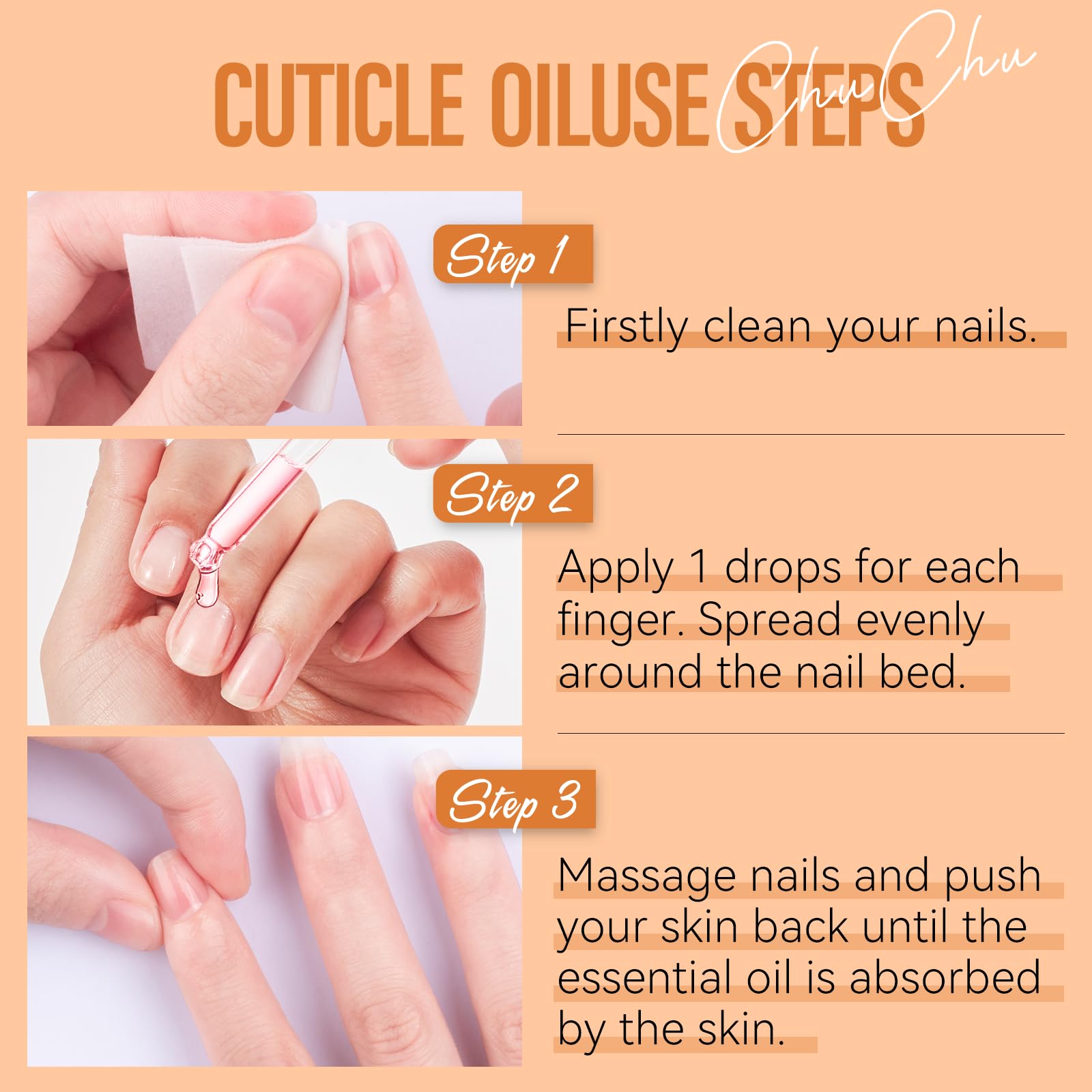 CHUCHU Organic Cuticle Oil for Nails: Orange Jojoba Nail Oil with Vitamin B & E - Moisturizes Repairs and Promotes Nail Growth - Prevents Dryness Hangnails and Chapped Skin 15ML