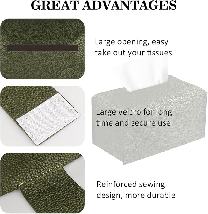 PARIERIS Tissue Box Cover PU Leather Tissue Holder Rectangle Facial Tissue Case Tissue Box Organizer Dispenser for Bathroom, Kitchen, Home, Office, Tabletop (OliveGreen, Tall)