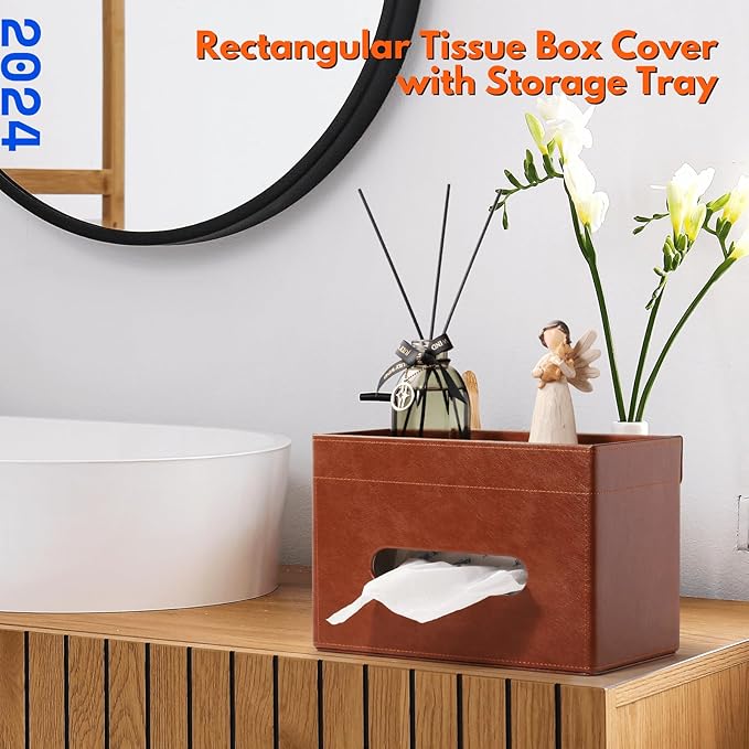 LAMOTI Rectangular Tissue Box Cover with Storage Tray, Leather Facial Tissue Box Holder for Bathroom, Office Table, Countertop, Night Stand & More (Brown)